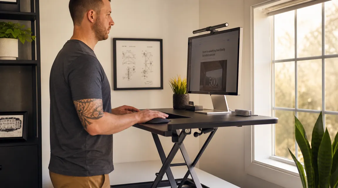 TechOrbits 32-inch standing desk converter raised to standing height on a tidy home office desk with a monitor, keyboard, and morning light coming through a window