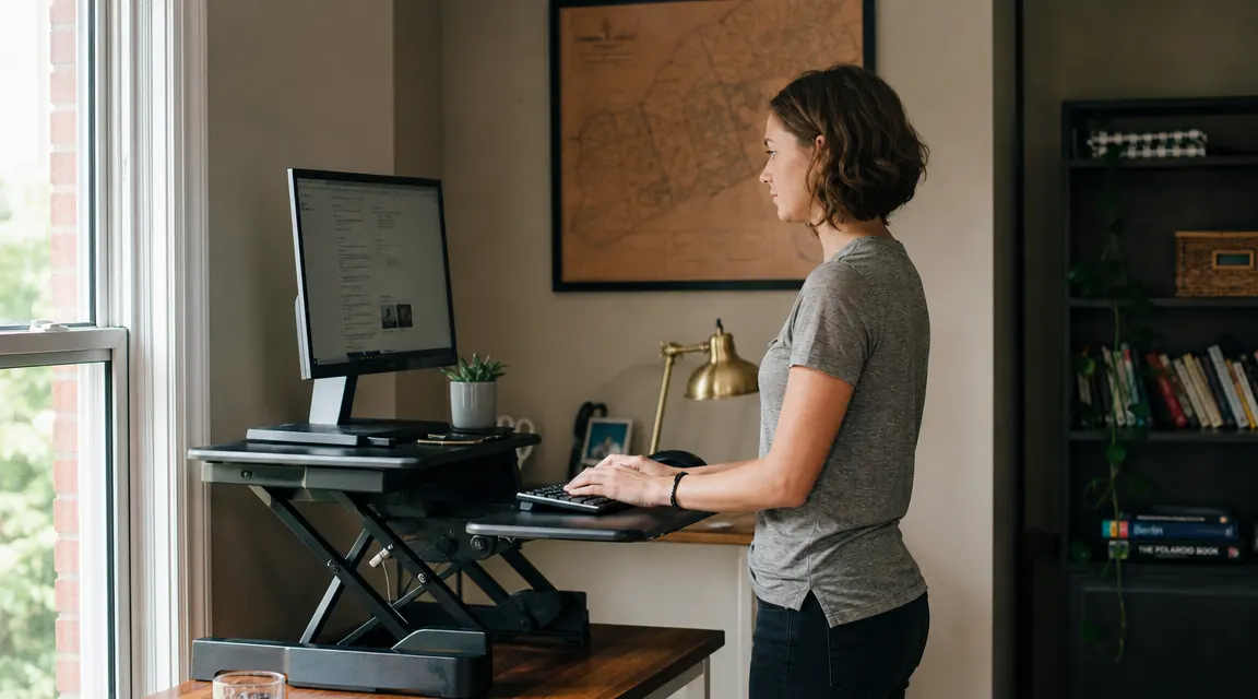 Person standing at a desk converter working on a laptop in a compact home office with natural light, relaxed and focused