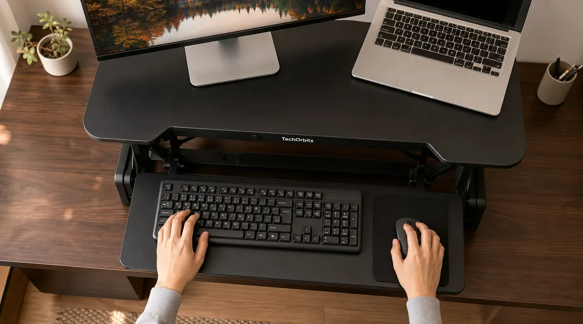 TechOrbits desk converter at sitting height showing the 32-inch workspace surface with keyboard tray extended and a full-size keyboard on it