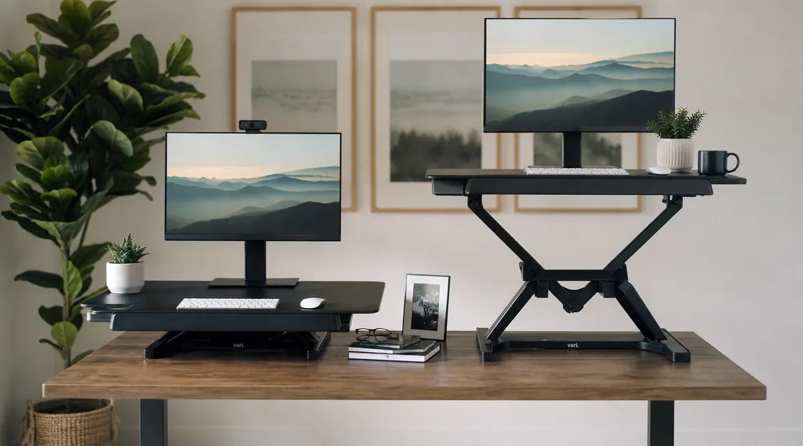 Two standing desk converters side by side on a home office desk, one raised to standing height with a monitor and keyboard, morning light through a window